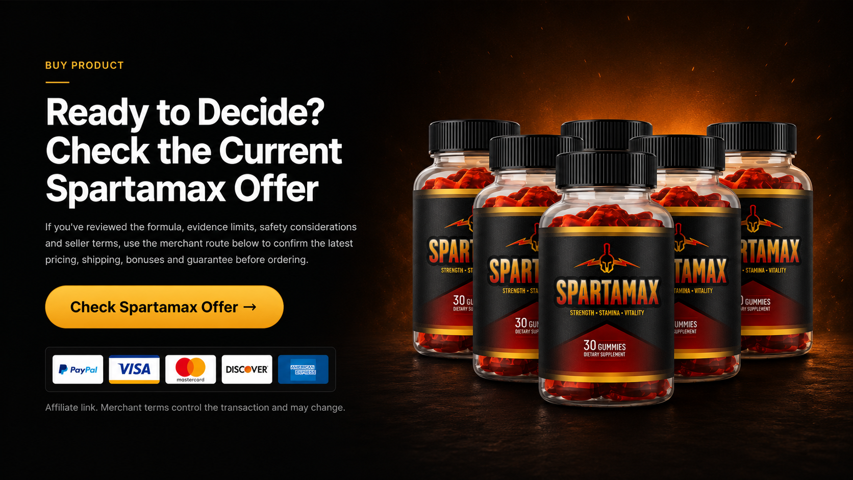 Spartamax current offer banner with product bottles, checkout call to action and payment icons